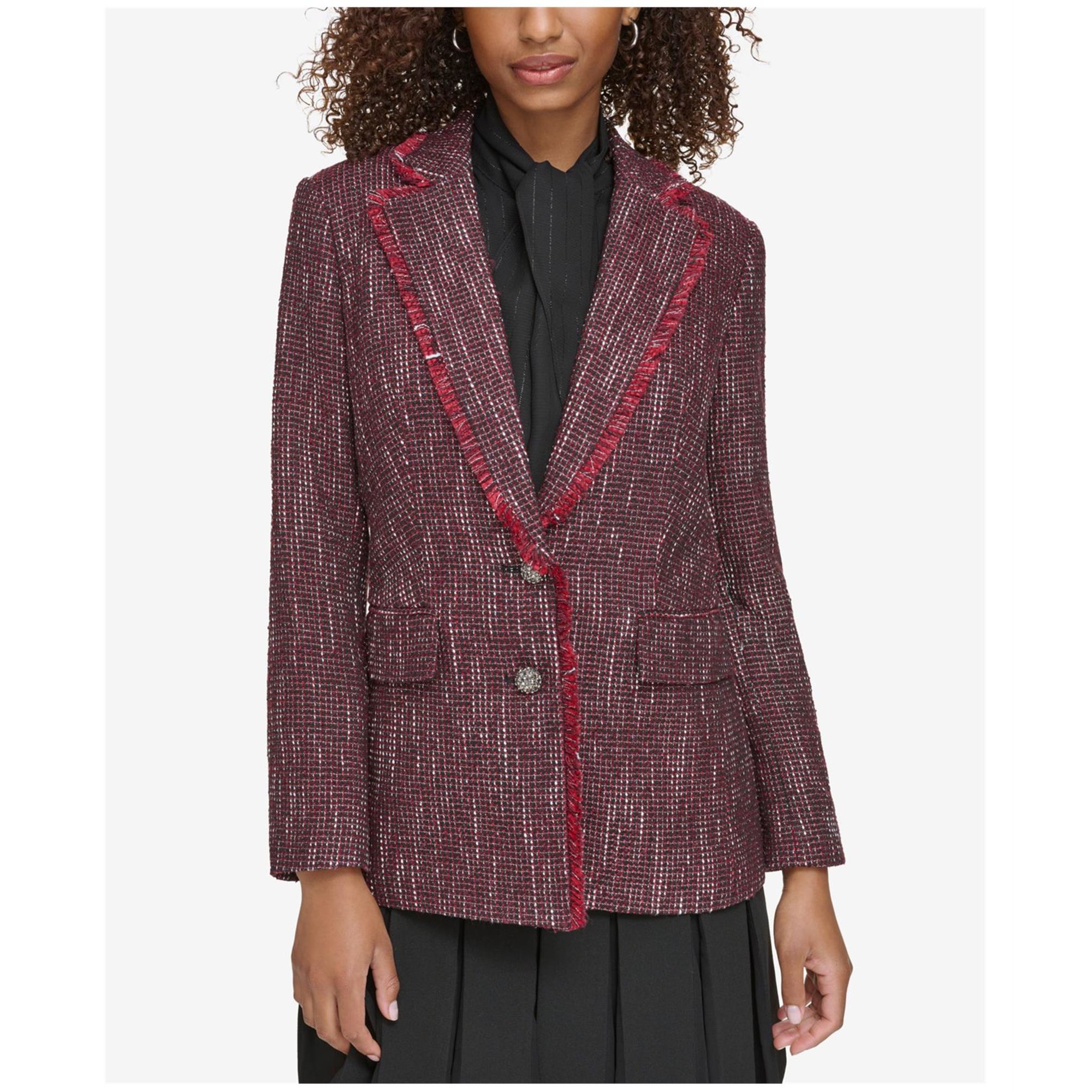 Karl Lagerfeld Womens Metallic Tweed Blazer Jacket, Purple, 14